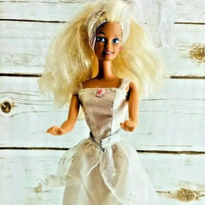 MATTEL BARBIE Doll Long Blonde Hair 12" Tall Blue Eyes White Dress Free Shipping